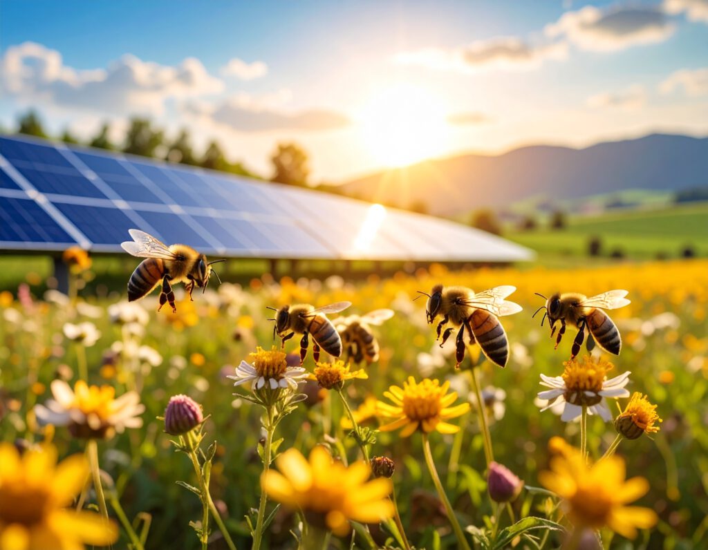 Bienen und Biodiversität schützen: Zu sehen ist eine bunte Blühwiese, mehrere Bienen im Vordergrund und eine Photovoltaikanlage im Hintergrund.