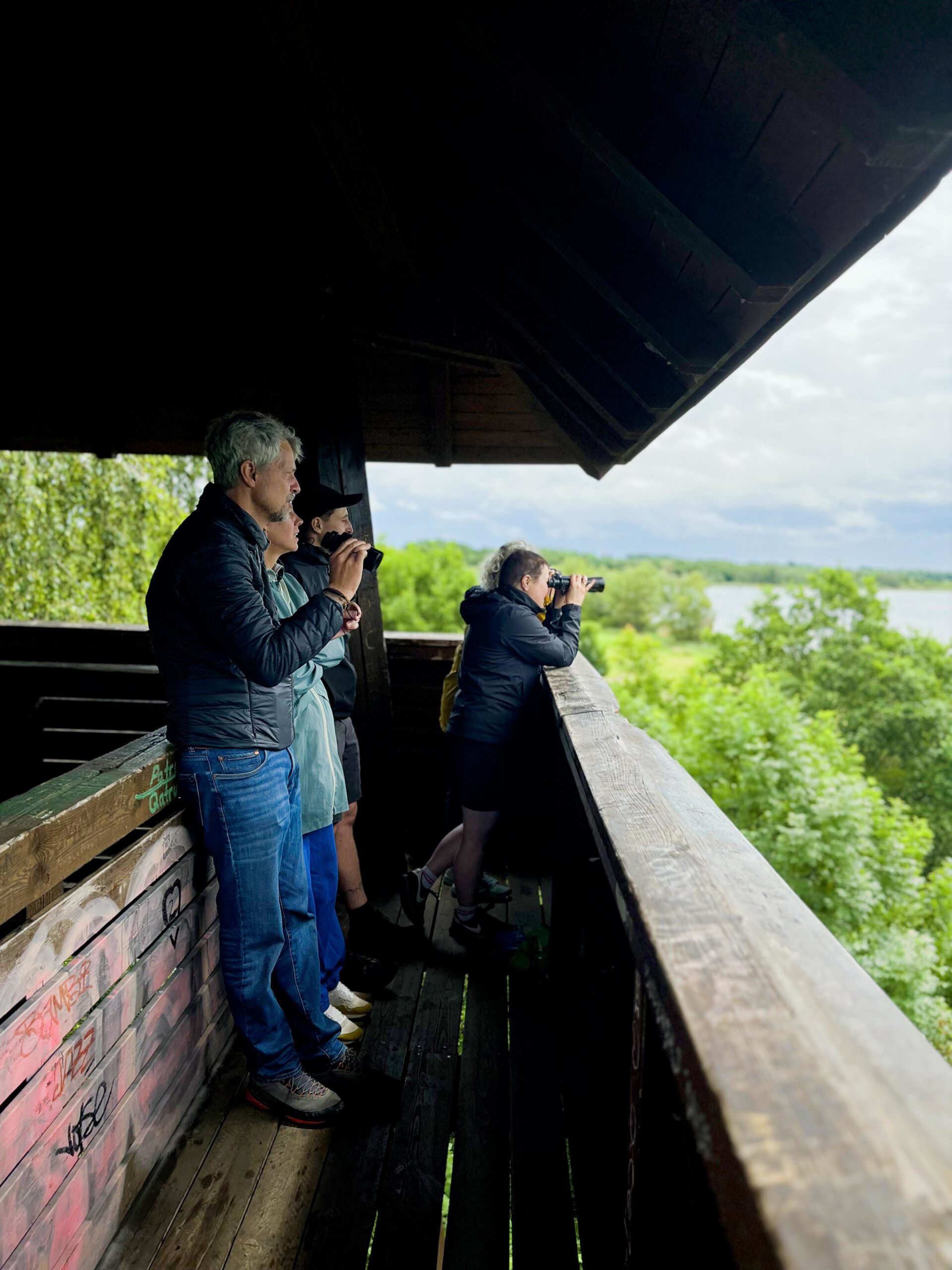 Vom Aussuchtsturm direkt am Raßnitzer See blickt die Ausflugsgruppe in Richtung um die Tierwelt zu beobachten.