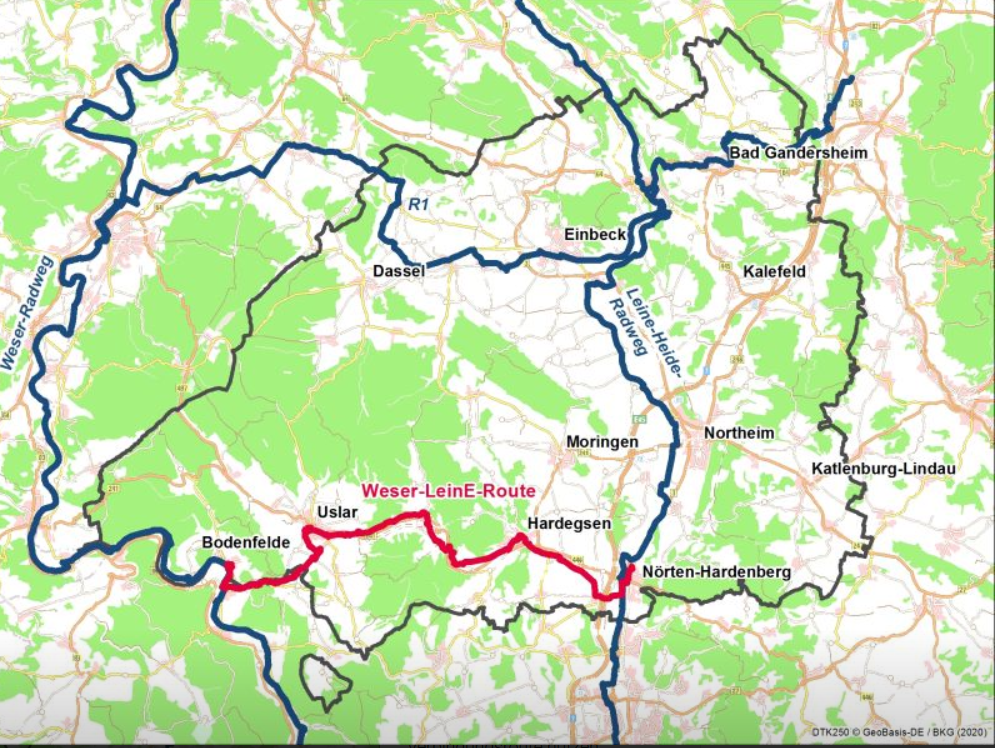 Eine Karte zeigt den Verlauf der geplanten Weser-Leine-Route