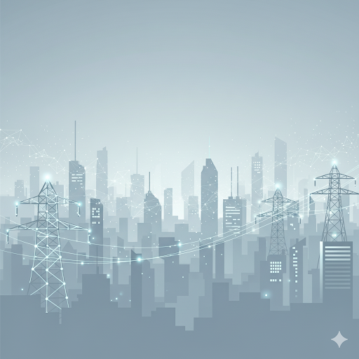 Illustration: Eine moderne, digital vernetzte Stadt aus Hochhäusern